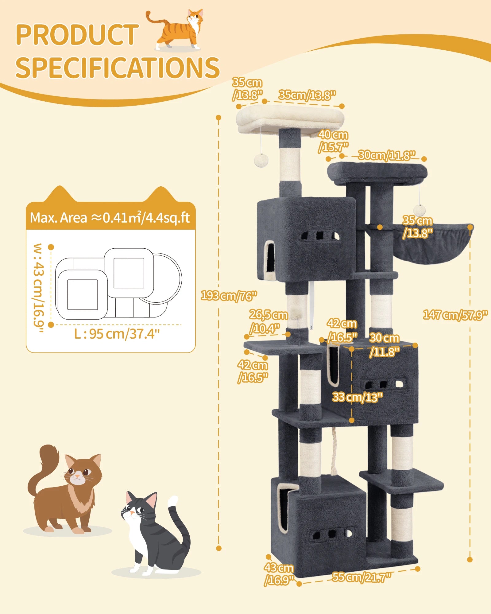 193cm Large Cat Tree – Multi-Level Tower with 2 Platforms, 3 Condos & 7 Scratching Posts