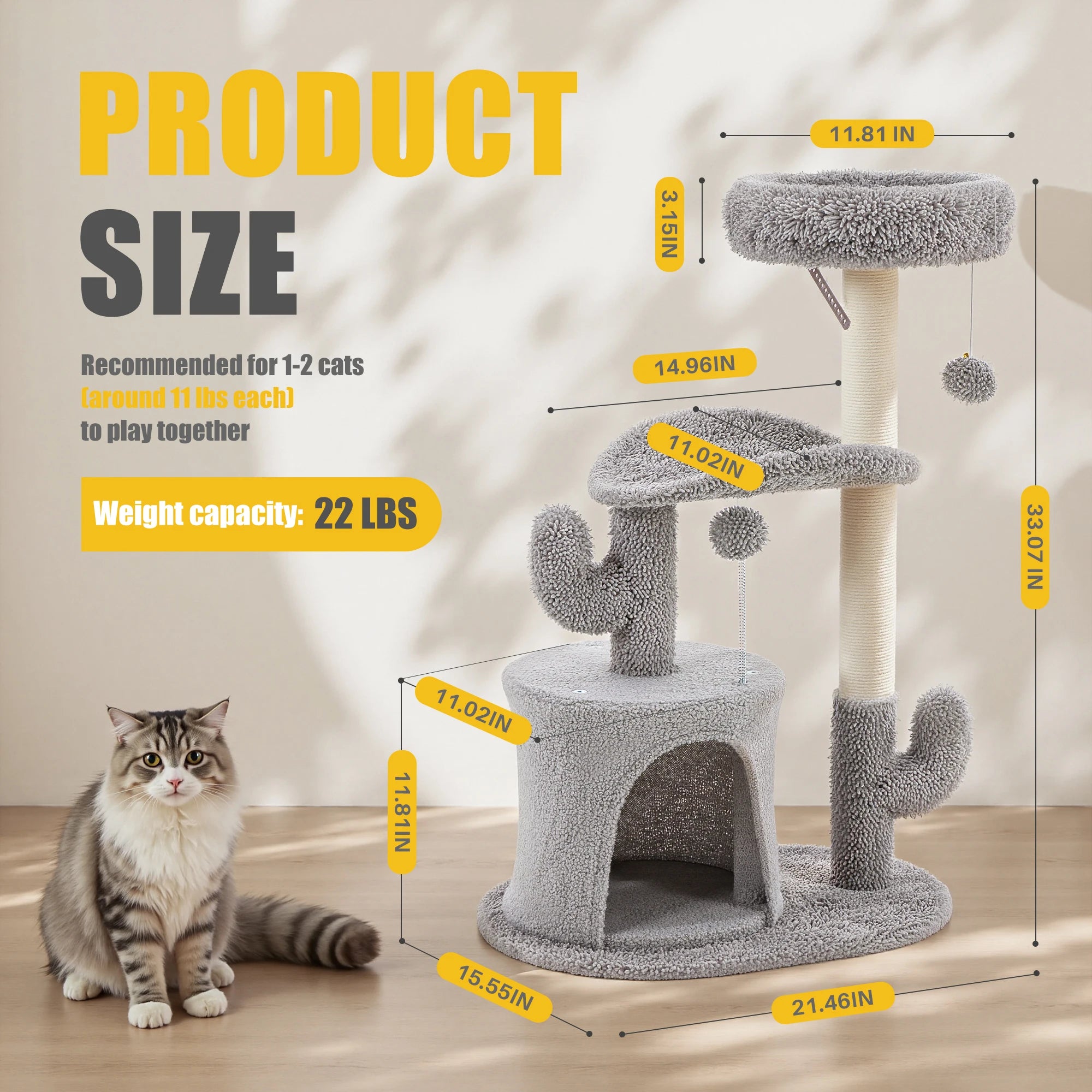 33” Multi-Level Cat Tree with Sisal Scratching Post