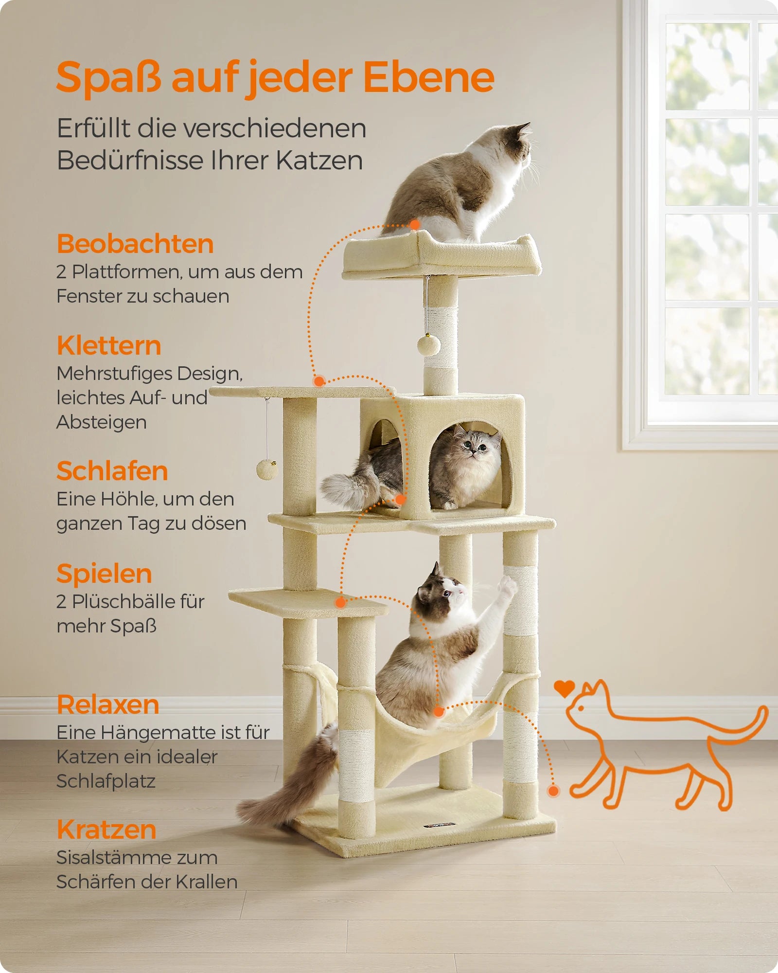 Scratching post, 143 cm high, cat tree,, with 4 scratching pillars