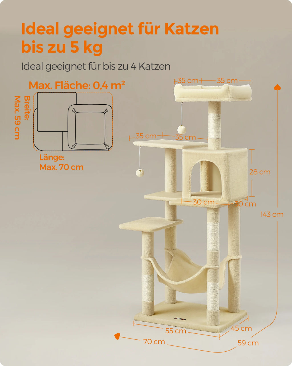 Scratching post, 143 cm high, cat tree,, with 4 scratching pillars
