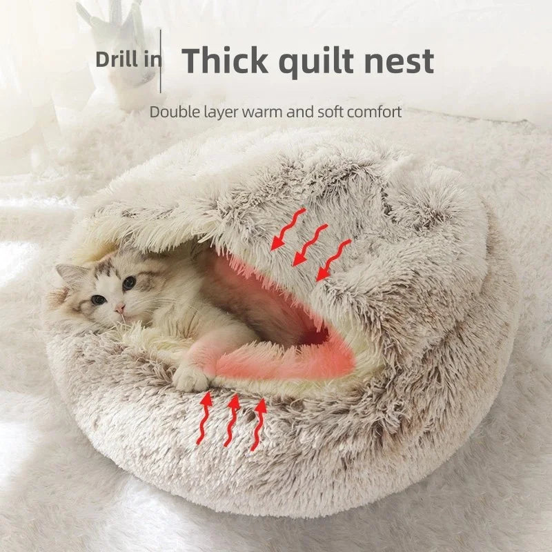 Soft Plush Pet Bed – Warm Winter Cat Nest, Semi-Enclosed Shell Design