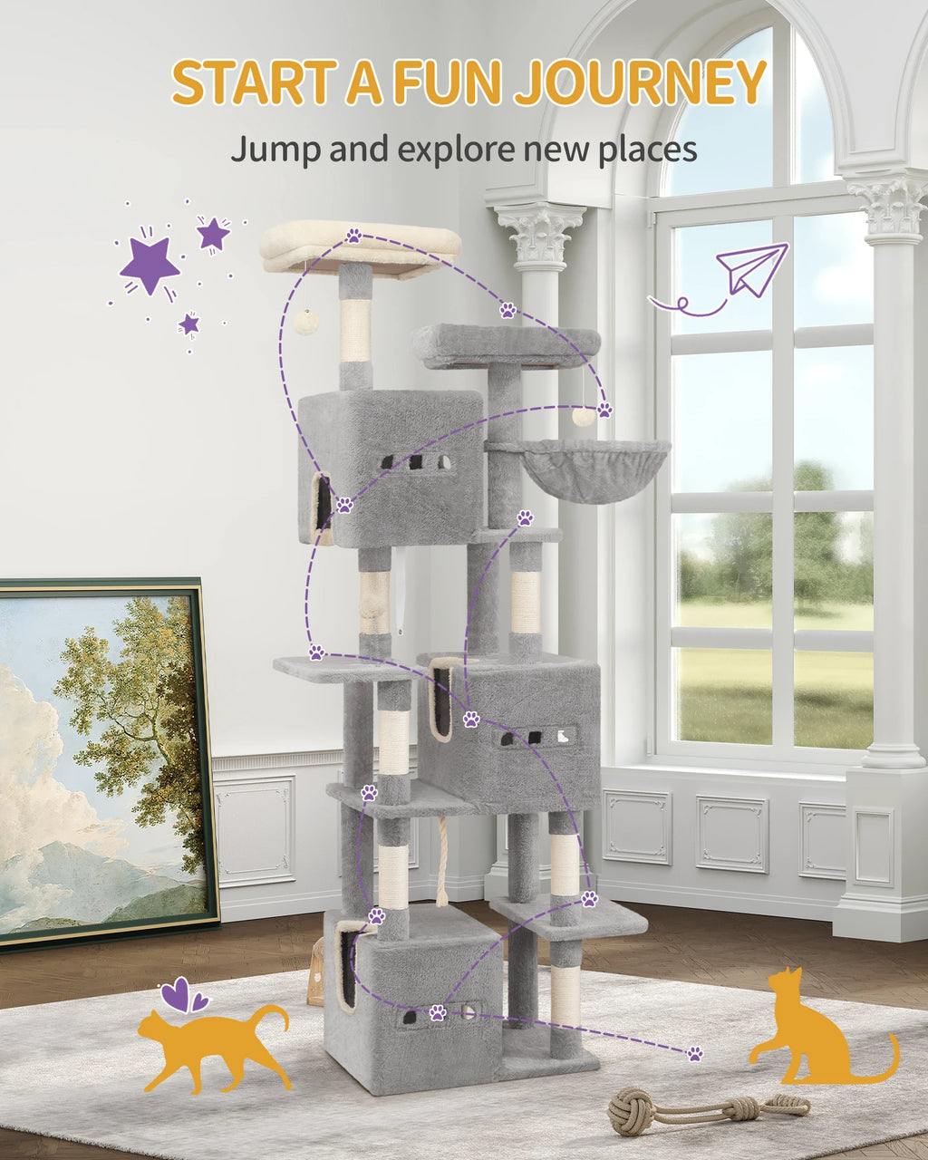 193cm Large Cat Tree – Multi-Level Tower with 2 Platforms, 3 Condos & 7 Scratching Posts