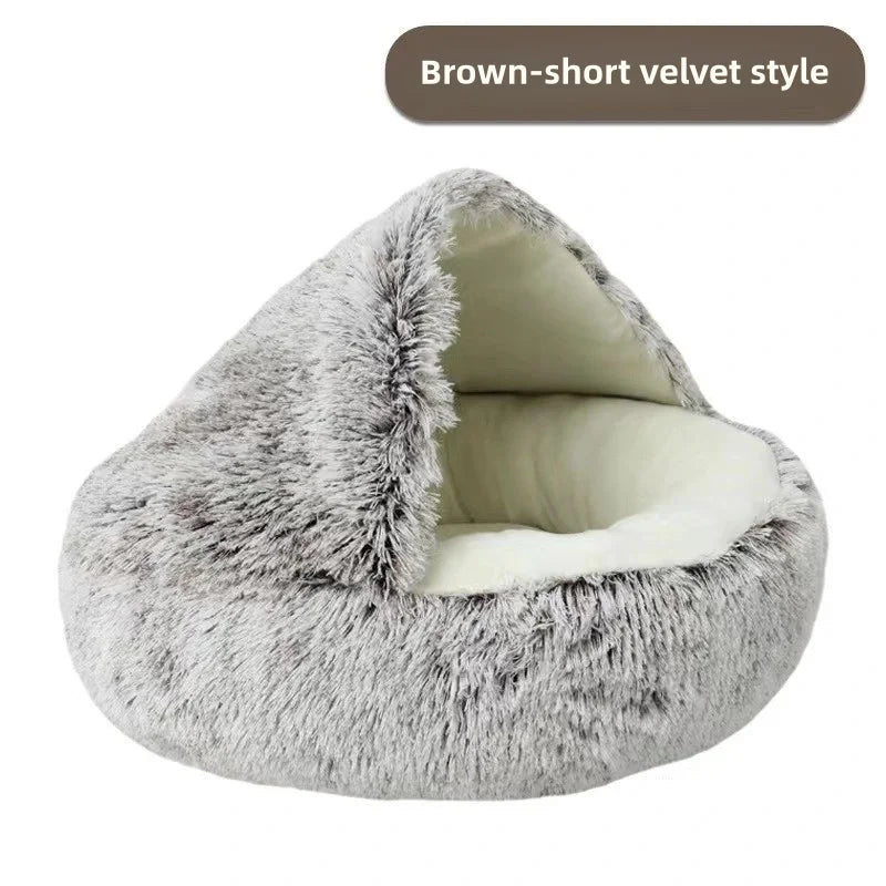 Soft Plush Pet Bed – Warm Winter Cat Nest, Semi-Enclosed Shell Design