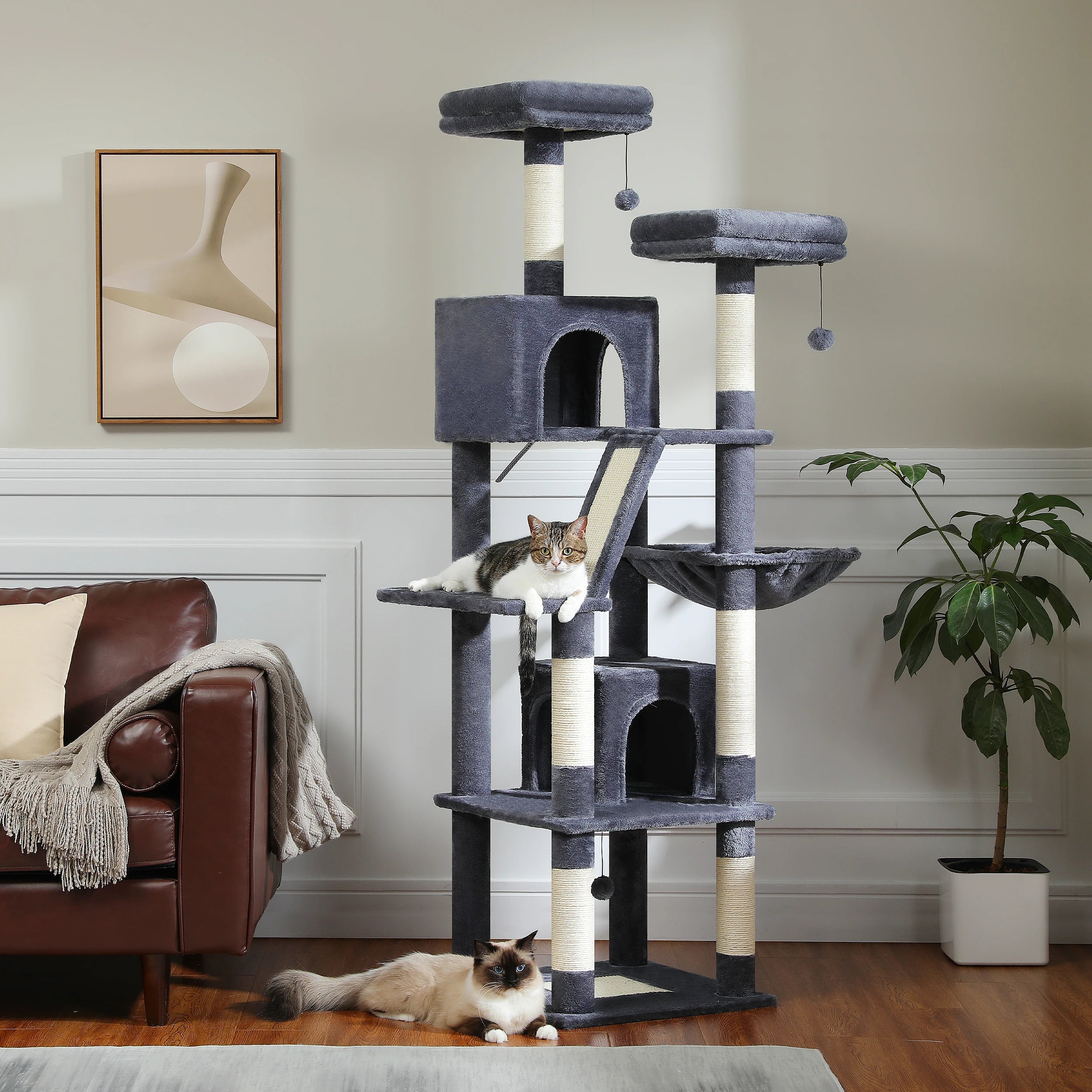 Multi-Level 180cm Cat Tree with Natural Sisal, Hammock & Cozy Perches