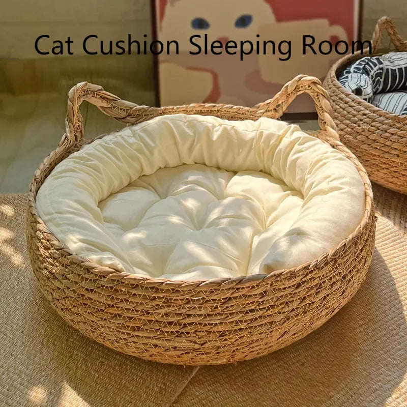 Natural Woven Cat Bed with Warm Cushion for All Seasons