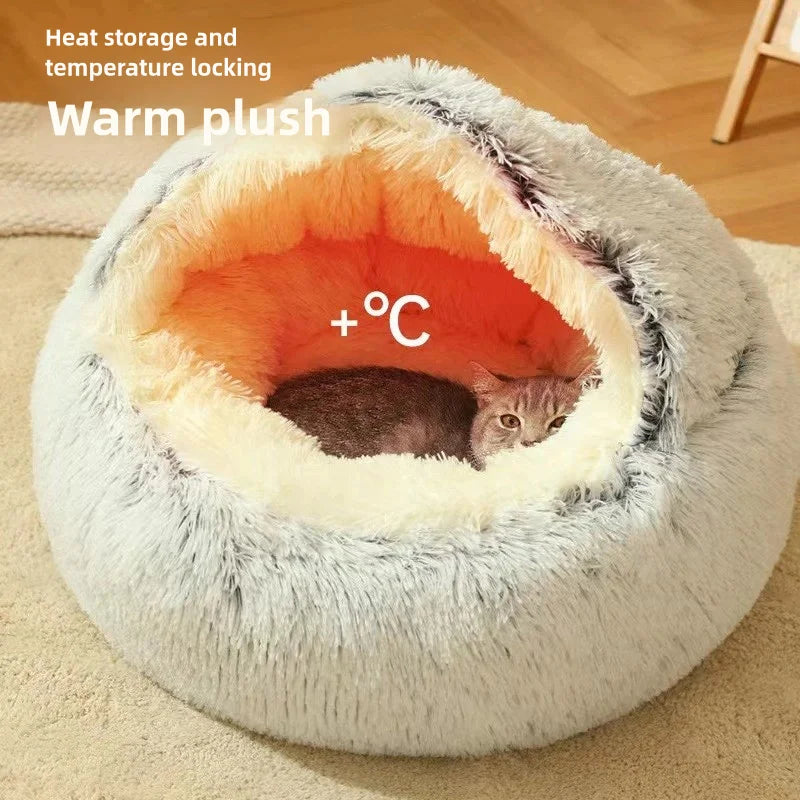 Soft Plush Pet Bed – Warm Winter Cat Nest, Semi-Enclosed Shell Design