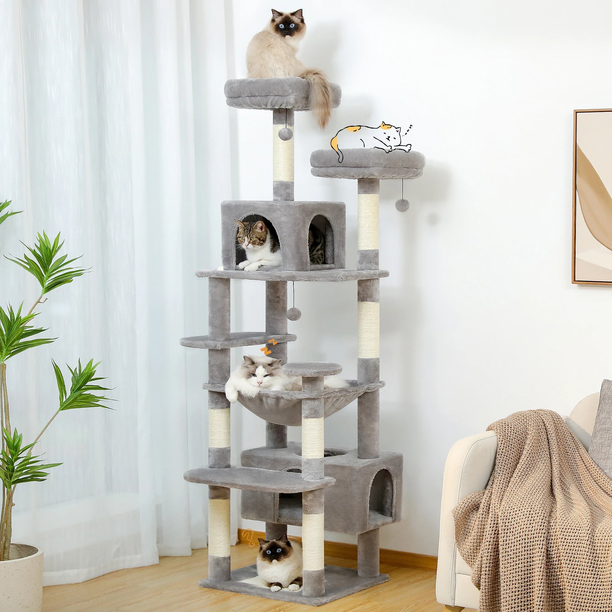 Large Cat Tree for Indoor Cats With Sisal-Covered Scratching Posts