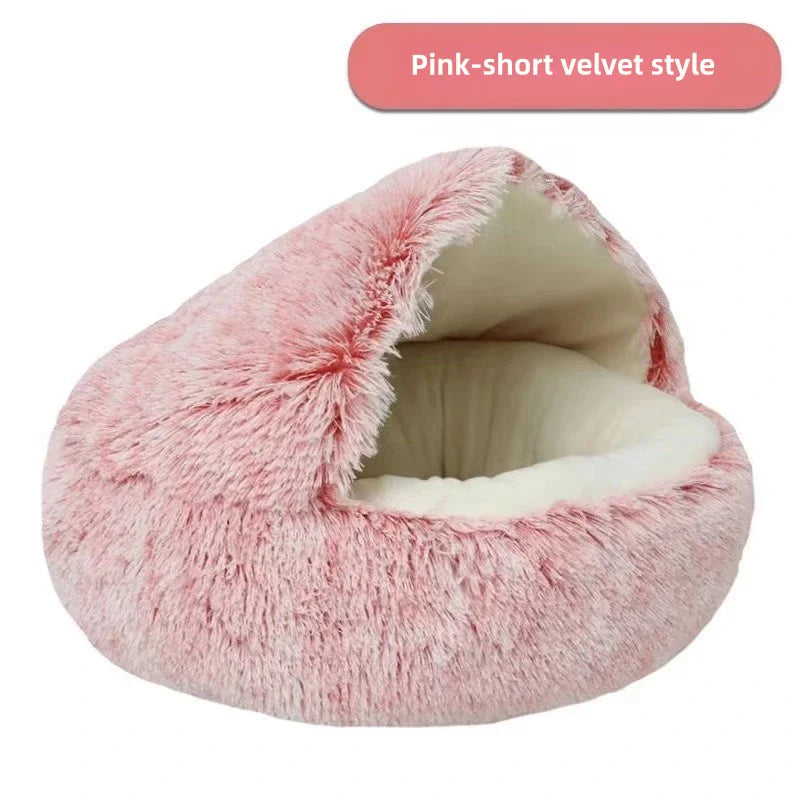 Soft Plush Pet Bed – Warm Winter Cat Nest, Semi-Enclosed Shell Design
