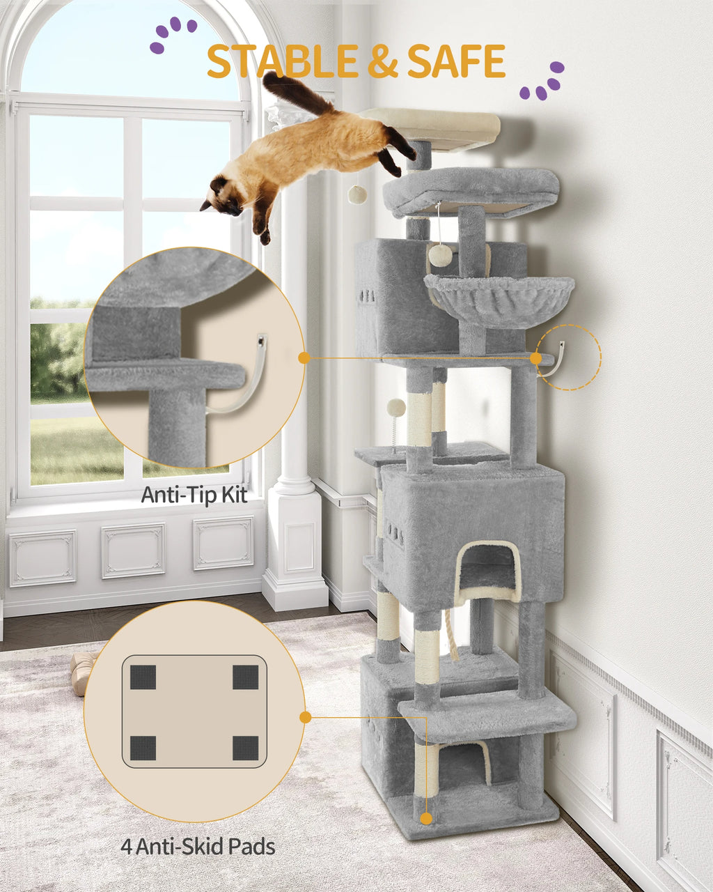 193cm Large Cat Tree – Multi-Level Tower with 2 Platforms, 3 Condos & 7 Scratching Posts