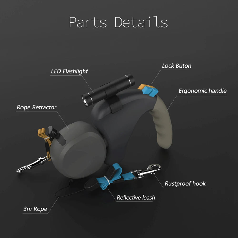Retractable Double Dog Leash with Light