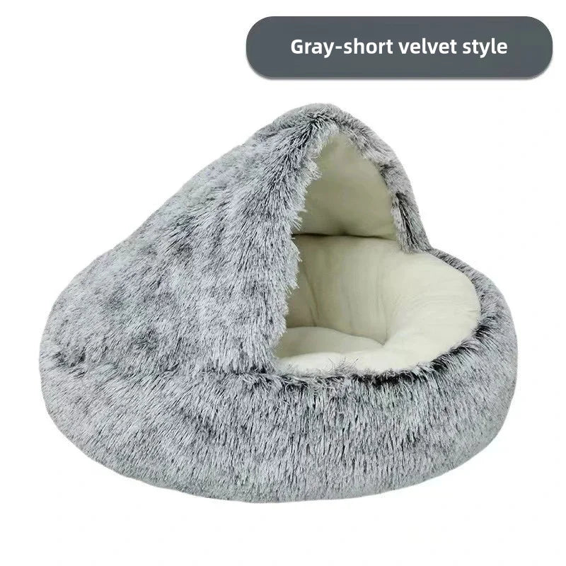 Soft Plush Pet Bed – Warm Winter Cat Nest, Semi-Enclosed Shell Design