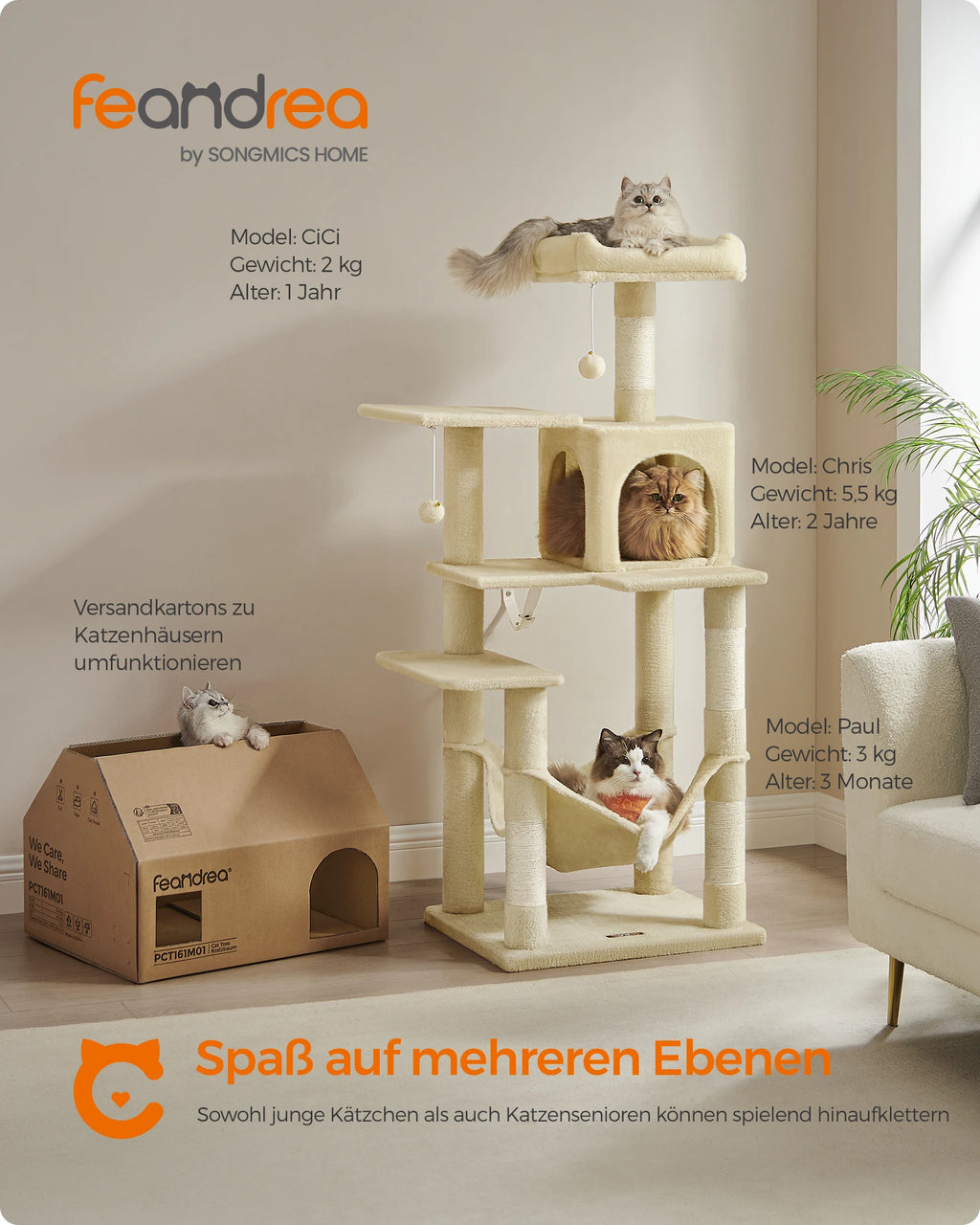 Scratching post, 143 cm high, cat tree,, with 4 scratching pillars