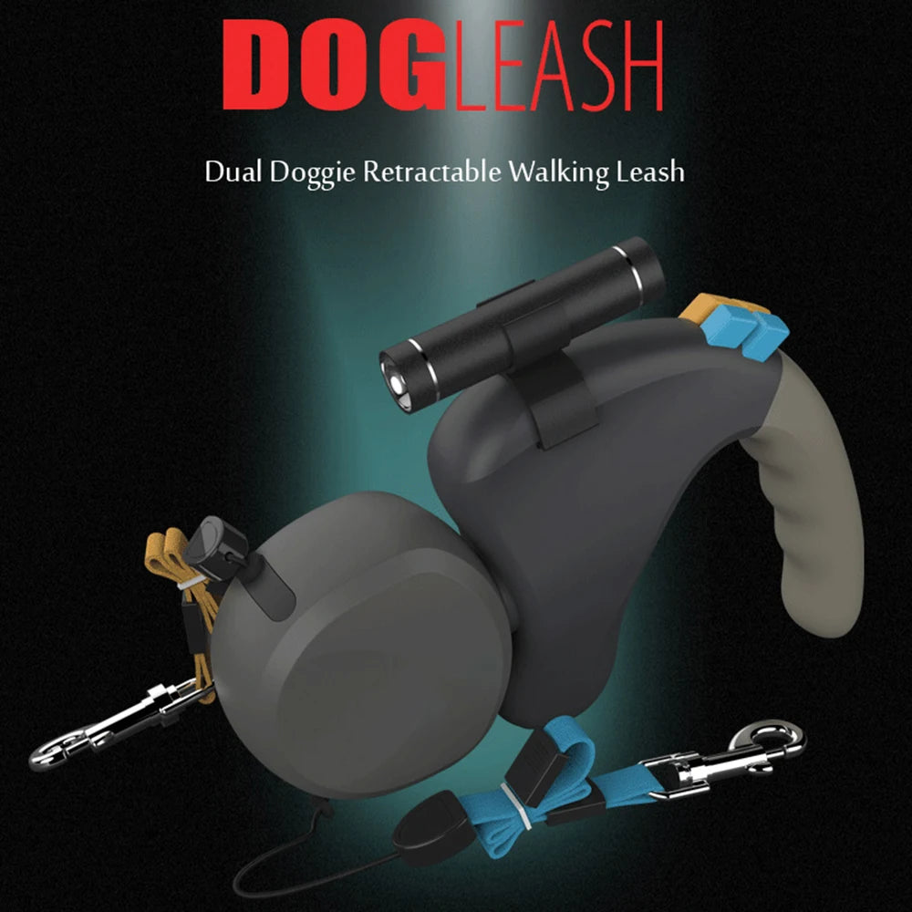Retractable Double Dog Leash with Light