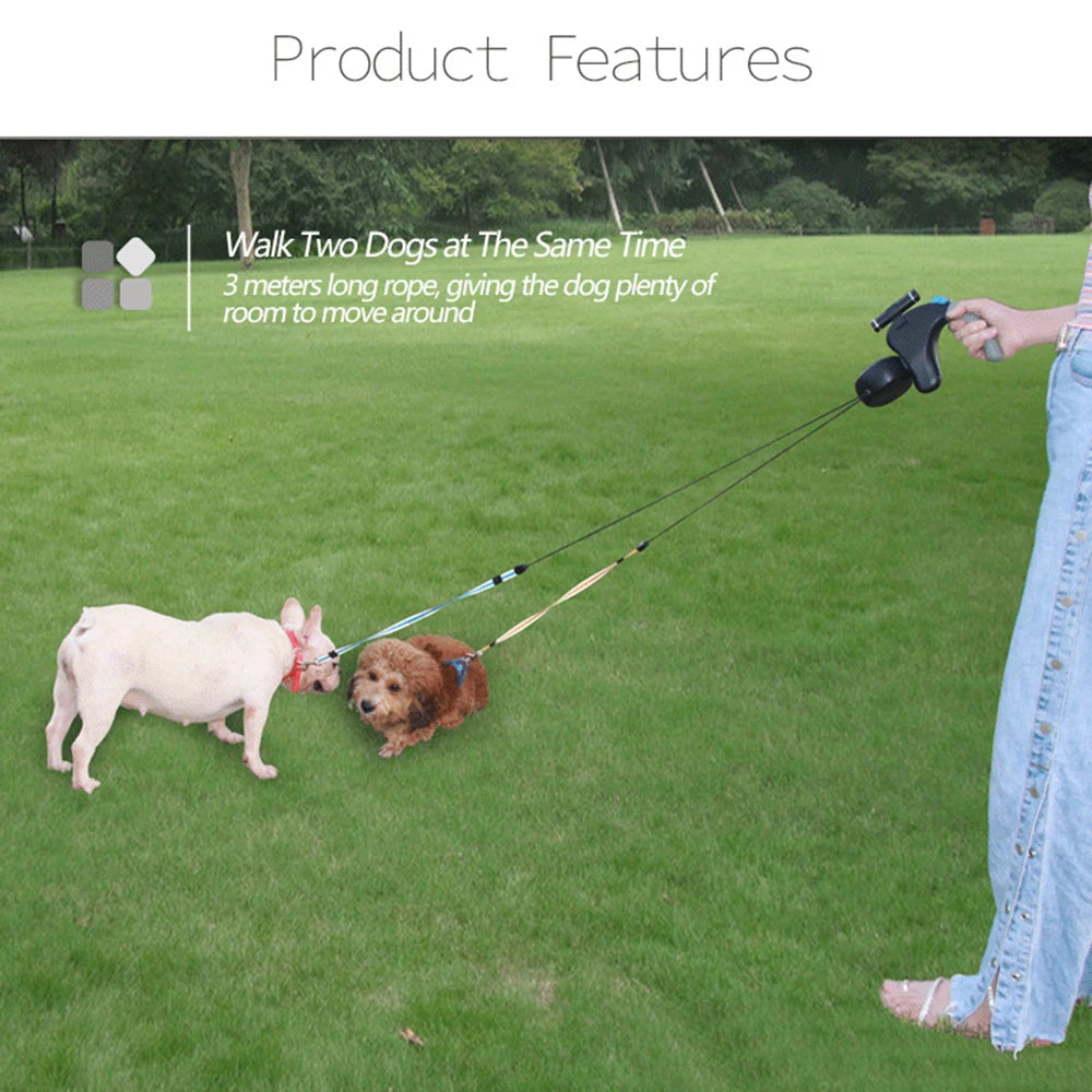 Retractable Double Dog Leash with Light