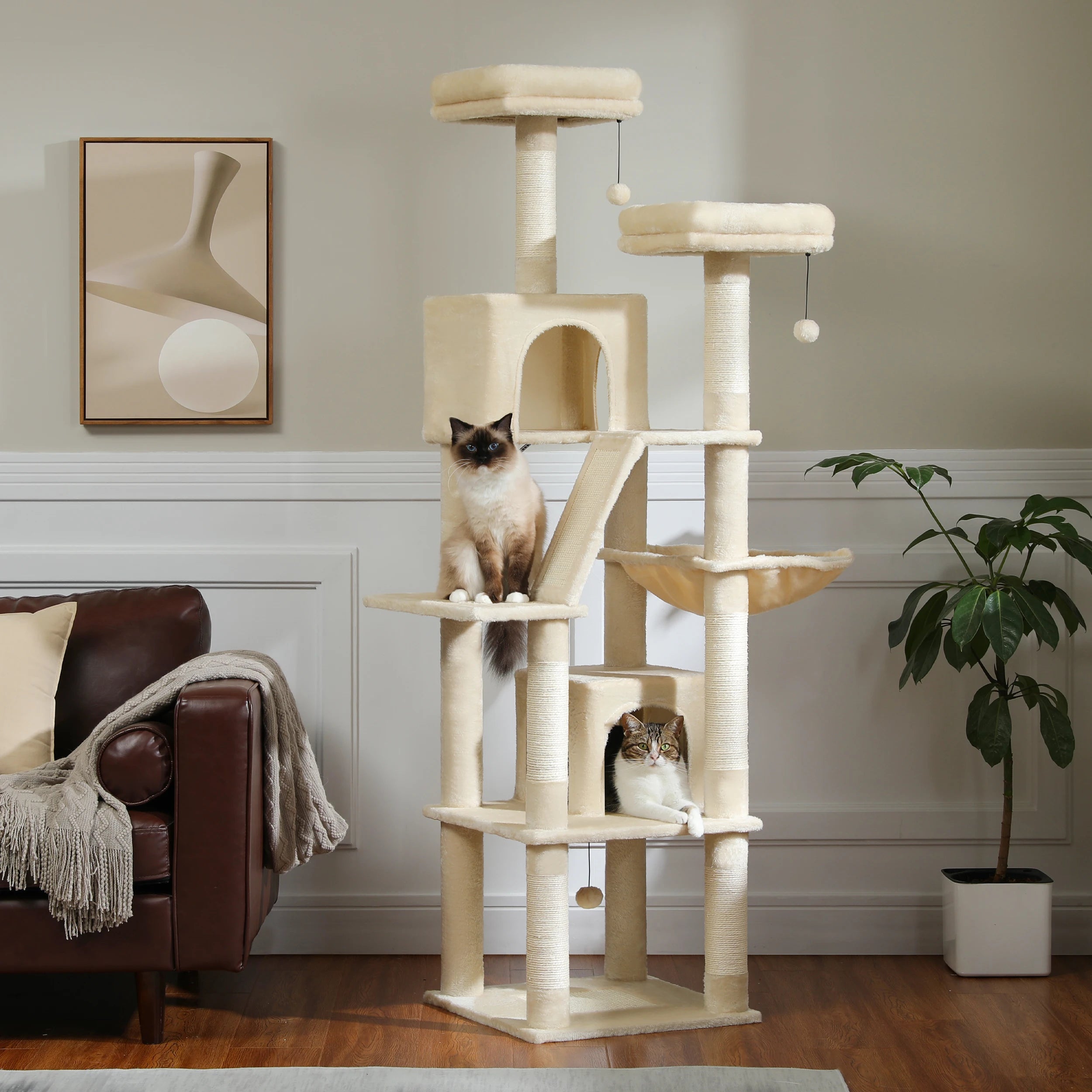 Multi-Level 180cm Cat Tree with Natural Sisal, Hammock & Cozy Perches