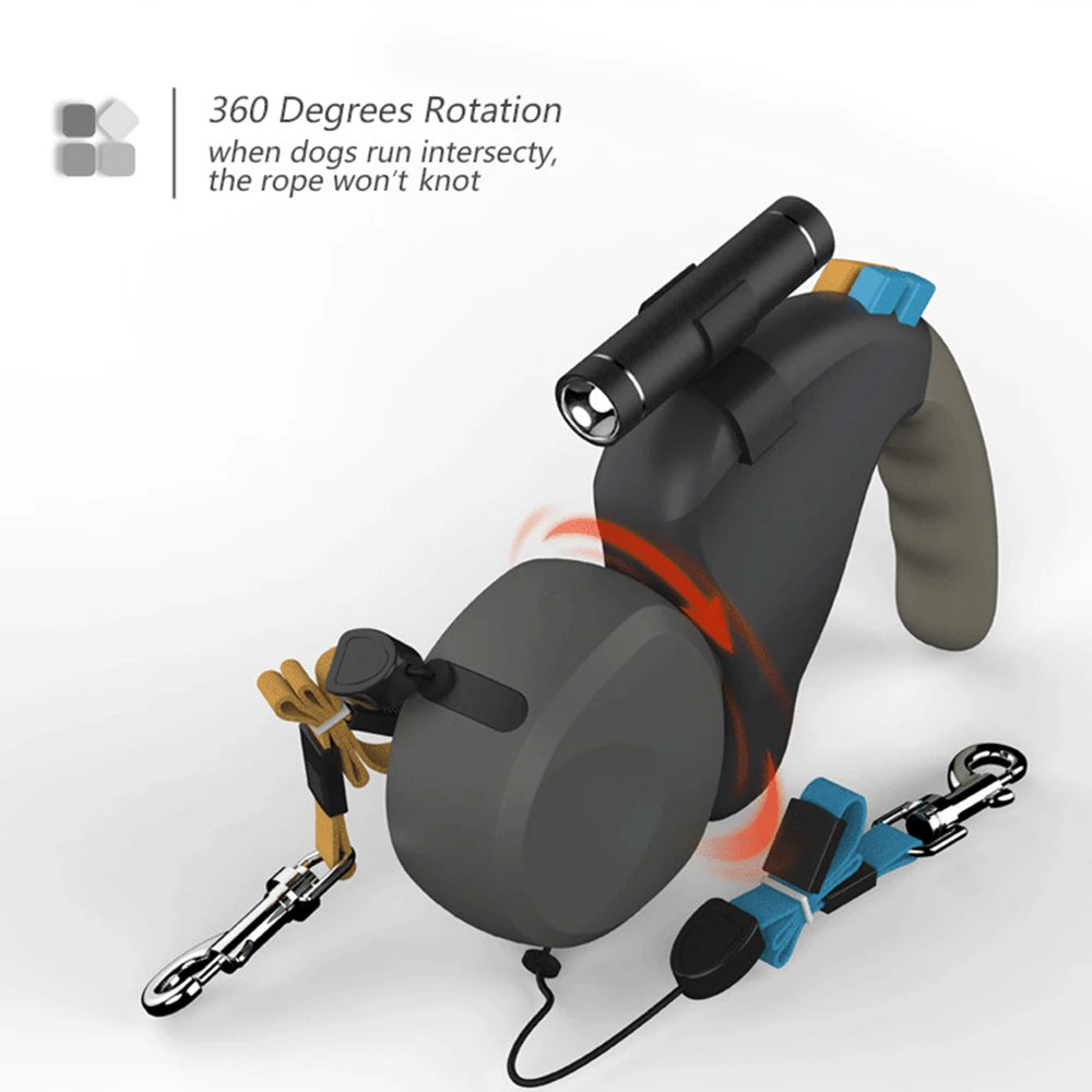 Retractable Double Dog Leash with Light
