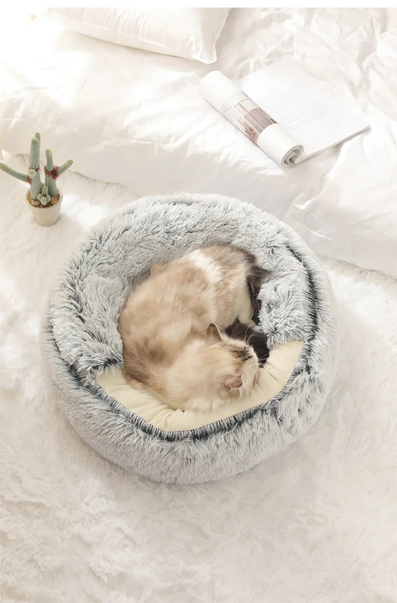 Soft Plush Pet Bed – Warm Winter Cat Nest, Semi-Enclosed Shell Design