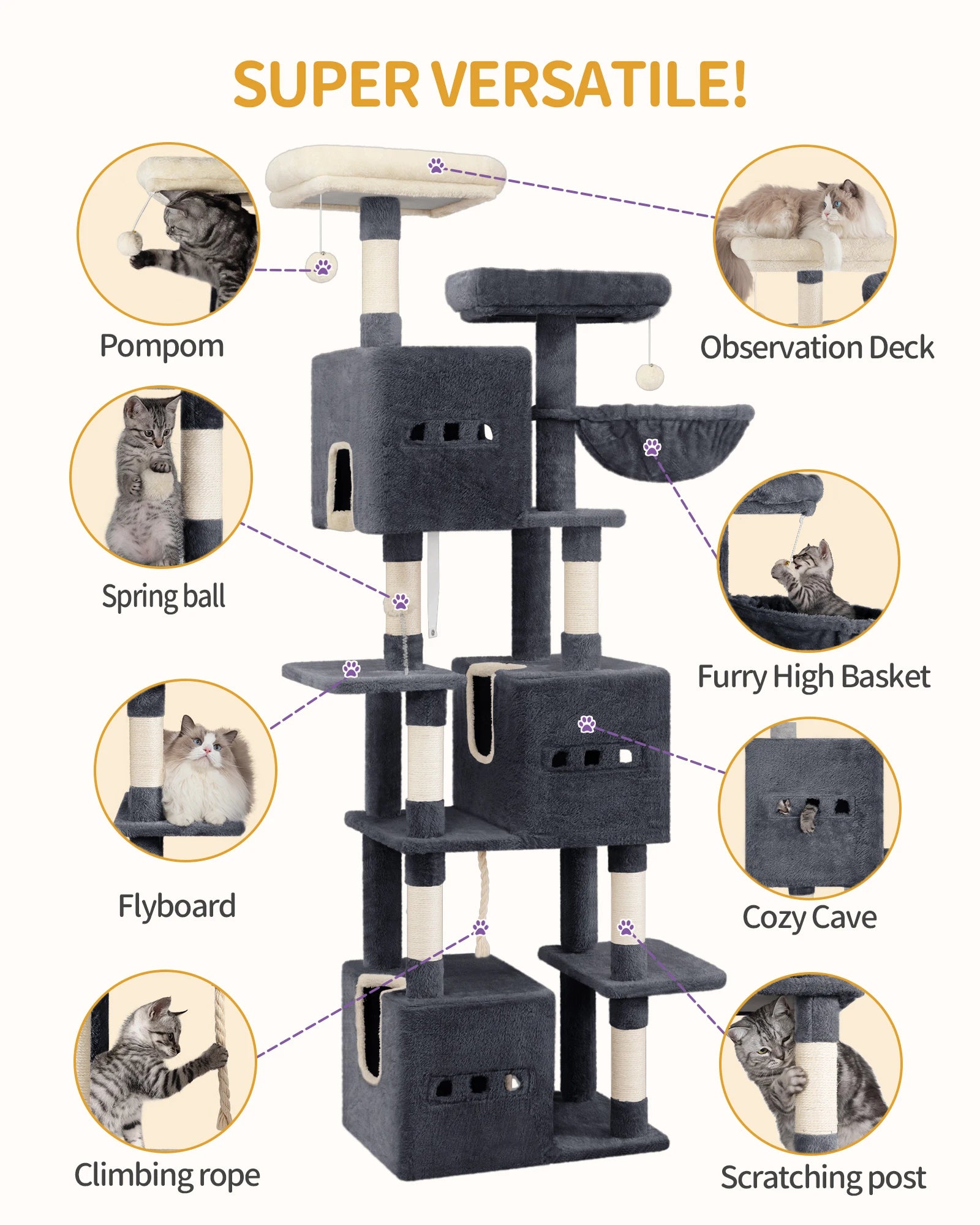 193cm Large Cat Tree – Multi-Level Tower with 2 Platforms, 3 Condos & 7 Scratching Posts