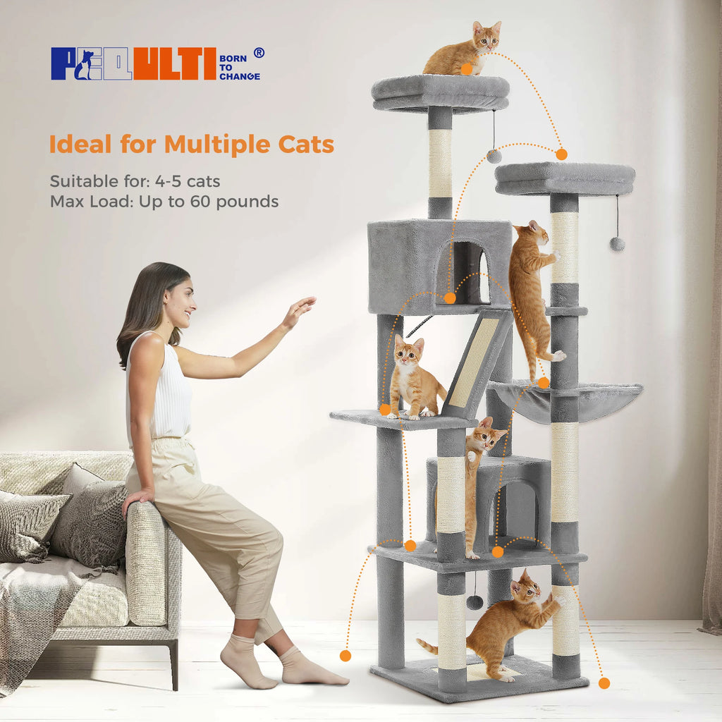Multi-Level 180cm Cat Tree with Natural Sisal, Hammock & Cozy Perches