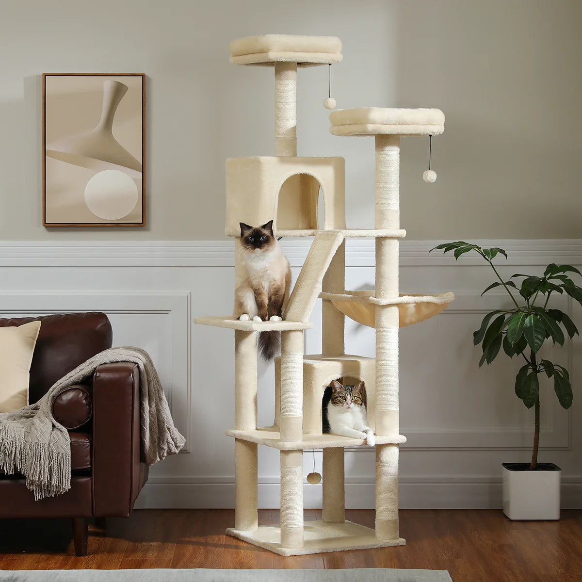 Multi-Level 180cm Cat Tree with Natural Sisal, Hammock & Cozy Perches